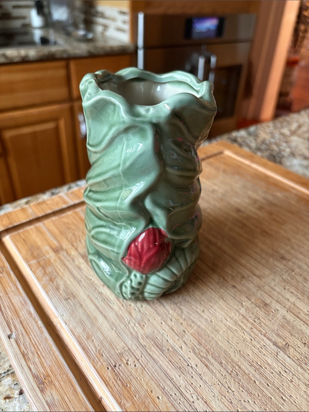 Green and Mustard Ceramic Floral Vase - Decorative Home Accent - Picture 2 of 5